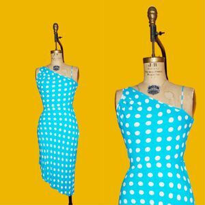 1990s-Y2K SELECTIONS ASYMMETRICAL One Shoulder Polka Dot Draped Slip Dress. XS-S